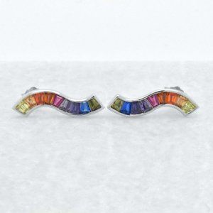 925 Silver Rainbow Sapphire Wave Curved Earrings